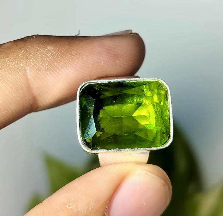 Men's Green Gemstone Ring | Rectangular Peridot Style Ring in Silver Band | Bold Statement Jewelry for Him | Modern Geometric Cut Ring |Gift