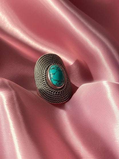 Statement Turquoise Ring | Sterling Silver Filigree Ring | Boho Chic Oval Ring | Bohemian Turquoise Ring | Artisan Silver Statement Ring