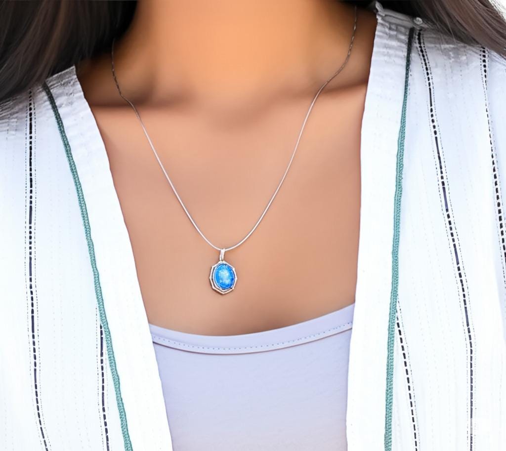 Mystic Blue Opal Pendant: Sterling Silver Bezel, Statement Necklace
