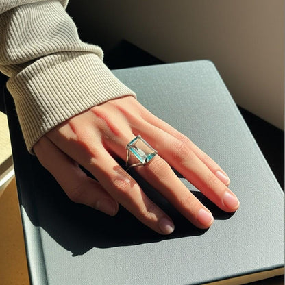 Aquamarine Ring, Emerald Cut Aquamarine, 925 Sterling Silver Ring, March Birthstone Jewelry, Statement Ring, Engagement Ring, Gift for mom