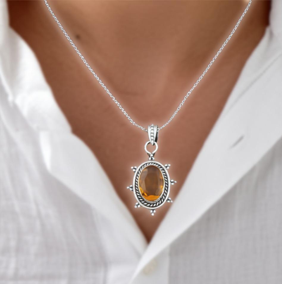 Dainty Citrine Sterling Silver Pendant, Large Citrine Statement Silver Pendant, Vintage Style Citrine Handmade Pendant, Gift for her