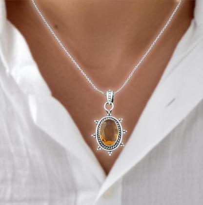 Dainty Citrine Sterling Silver Pendant, Large Citrine Statement Silver Pendant, Vintage Style Citrine Handmade Pendant, Gift for her