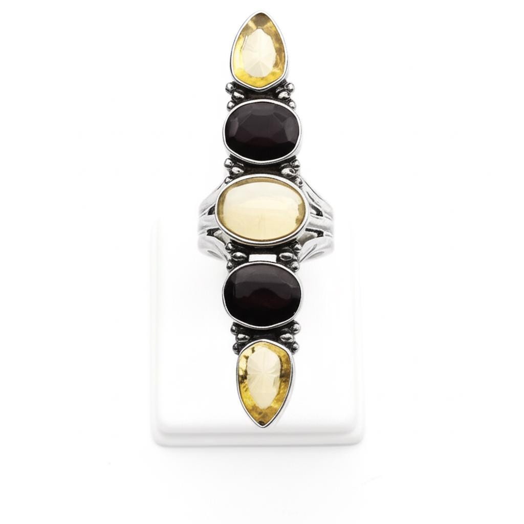 Statement Garnet Silver Ring, Unique Long Sterling Silver Cocktail Ring, Bohemian Gemstone Stack Ring, Handmade ring, Show Ring for her,