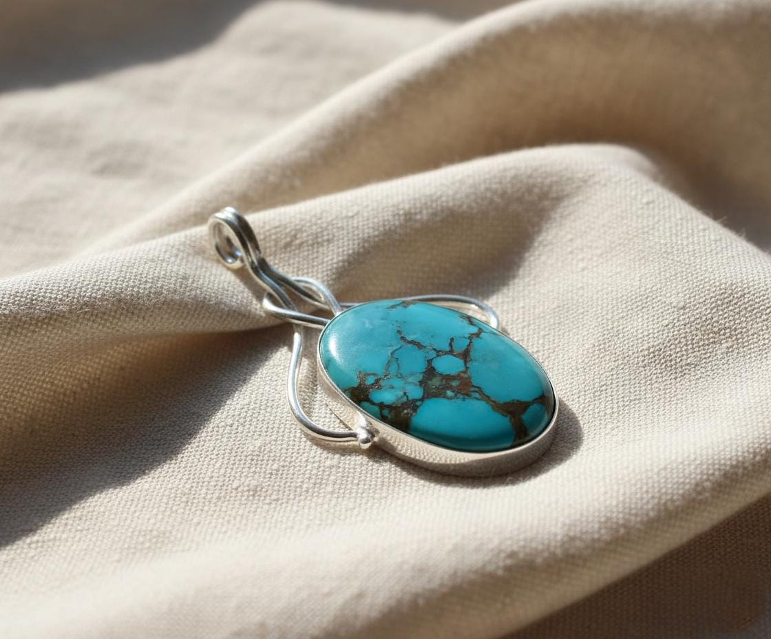 Turquoise Pendant in Sterling Silver | Handmade Gemstone Necklace | Natural Turquoise Jewelry | Boho Healing Pendant | Gift for Her