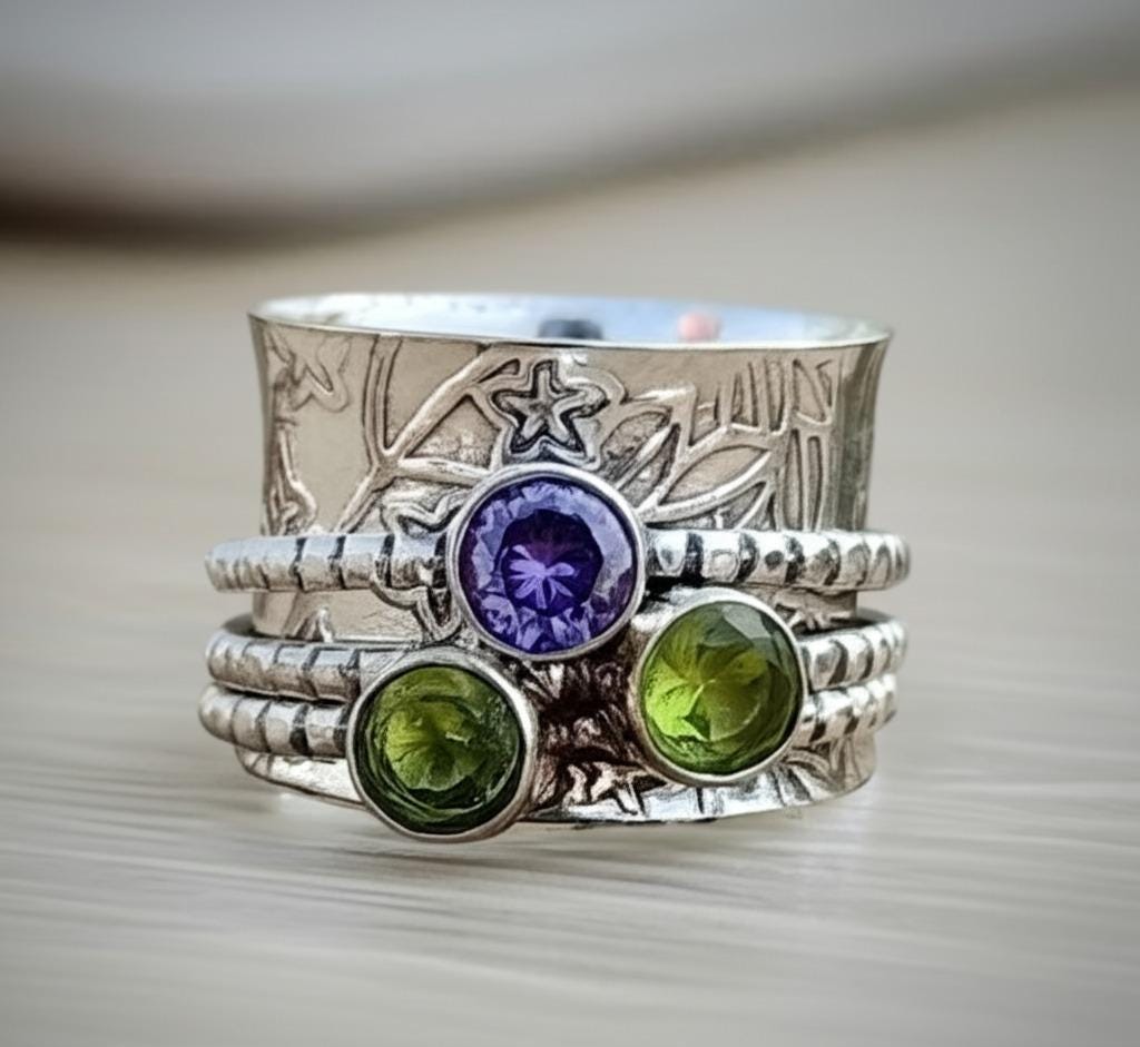 Sterling Silver Spinner Ring: Peridot, Amethyst, Botanical Band