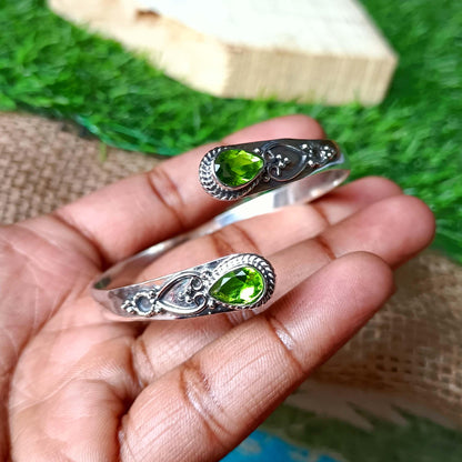 Handmade Silver Peridot Bangle - Ornate Sterling Silver Cuff | Artisanal Peridot Teardrop Bangle - Bohemian Silver Gemstone Bracelet