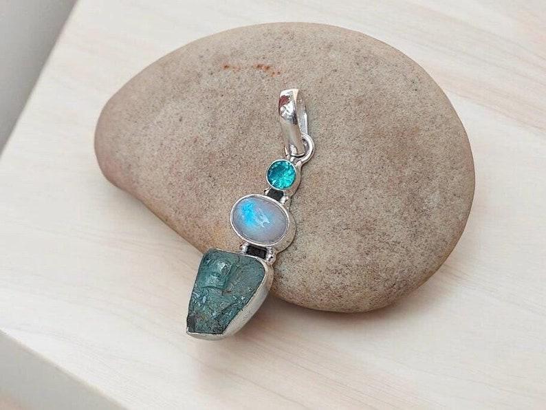 Raw Aquamarine & Moonstone And Blue Topaz Pendant, Sterling Silver Pendant, Boho Jewelry, Charm Pendant, Gift item, Multi stone pendant