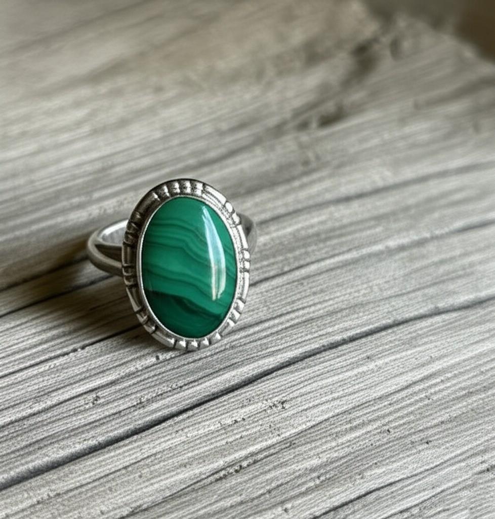 Handmade Malachite Ring | Sterling Silver Statement Ring | Oval Green Gemstone Jewelry | Boho Vintage-Inspired Ring | Gift for Her | Green