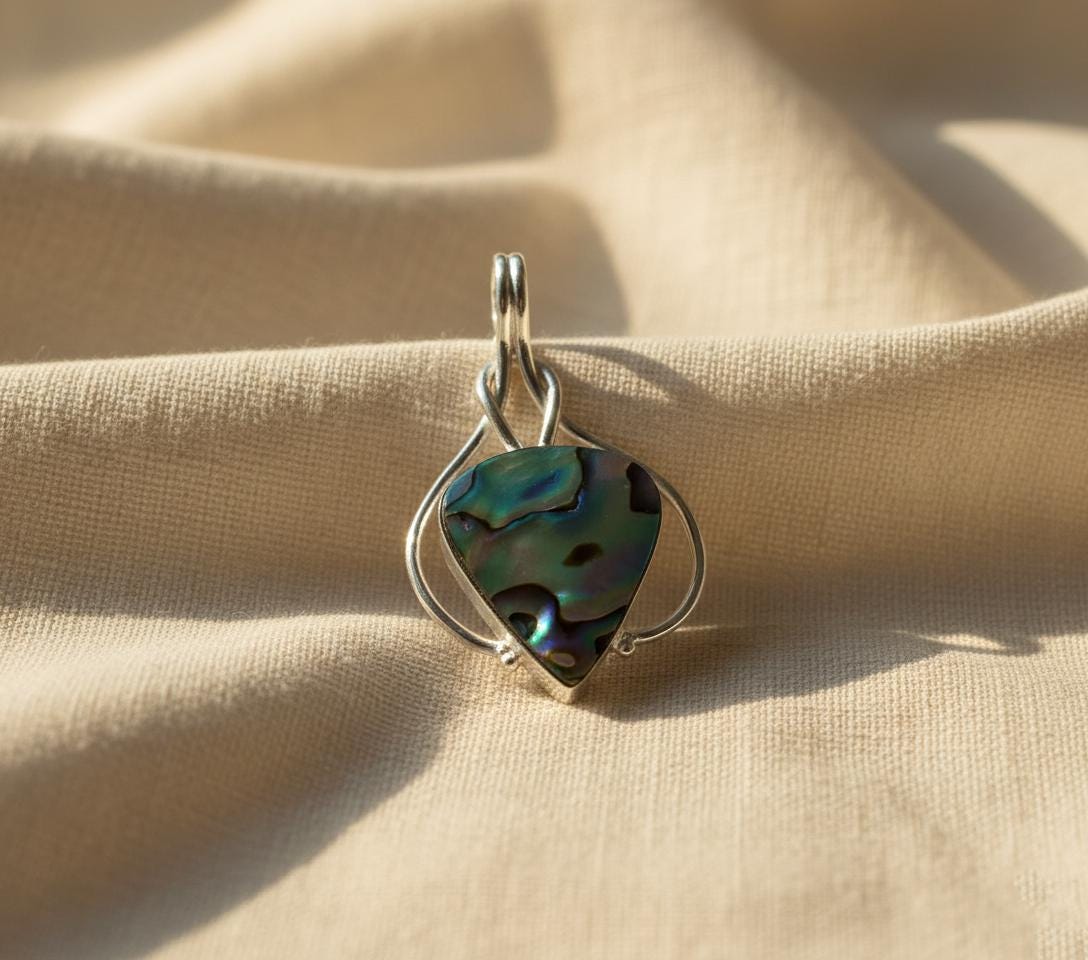 Abalone Shell Pendant in Sterling Silver | Handmade Ocean Jewelry | Iridescent Paua Shell Necklace Charm | Unique Boho Healing Pendant