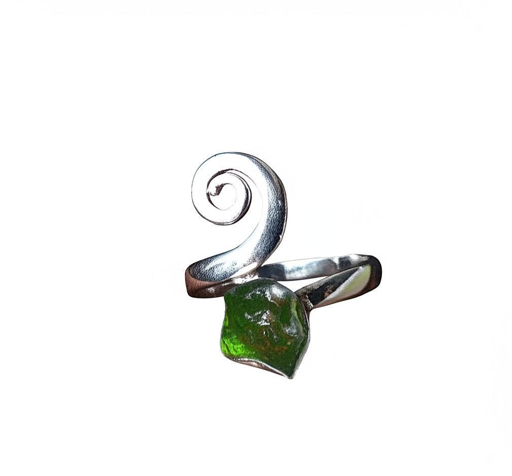 Moldavite Rough Ring, Natural Gemstone Ring,  925 Sterling Silver, Handmade Designer Jewelry, Gift, Stylish ring, Gift for her, Green stone