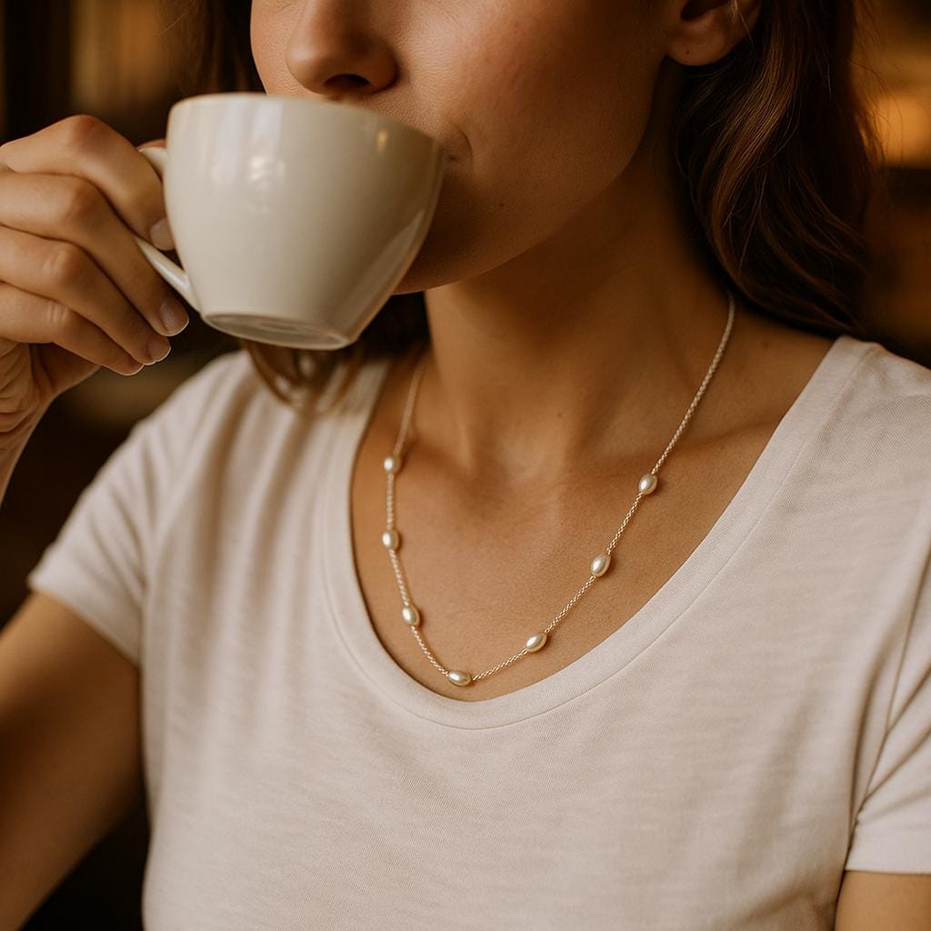 Delicate White Rice Pearl Necklace: Sterling Silver Chain, Minimalist Jewelry
