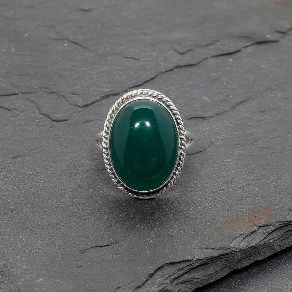 Sterling Silver Green Onyx Ring | Natural Gemstone Statement Jewelry| Handmade Bohemian Green Onyx Ring | Dainty 925 Silver Gemstone Jewelry
