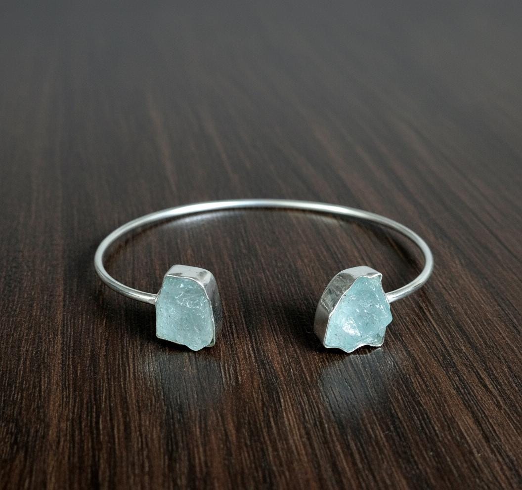 Dainty Aquamarine Bangle, Aquamarine Bangle, Handmade Bangle, 925 Silver Bangle Natural Aquamarine, Gemstone Bangle, Dainty Bangle, Gift Her
