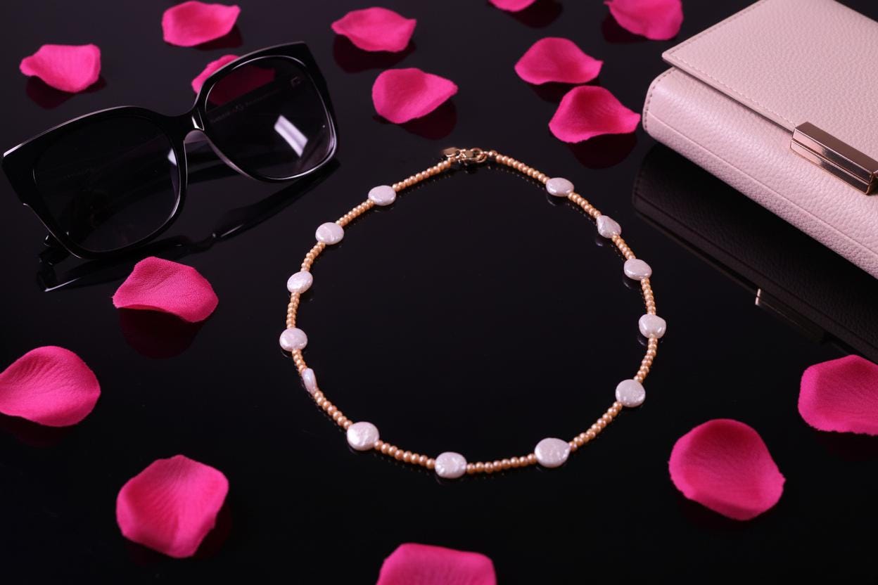 Golden Pearl Necklace, Pearl Necklace, Handmade Pearl Jewelry, Gifting, big pearl jewelry, Dainty Necklace