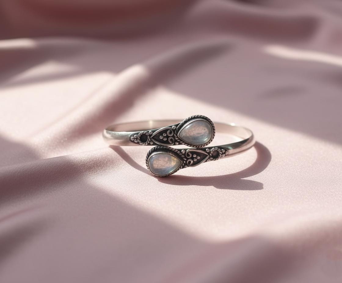 Handmade Silver Moonstone Bangle - Ornate Sterling Silver Cuff Bracelet | Bohemian Moonstone Teardrop Bangle - Artisanal Silver Gemstone