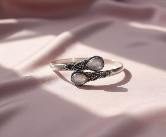 Handmade Silver Moonstone Bangle - Ornate Sterling Silver Cuff Bracelet | Bohemian Moonstone Teardrop Bangle - Artisanal Silver Gemstone