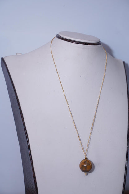 Dainty Tiger's Eye Ball Necklace Gold Plated | Minimalist Large Round Gemstone Pendant | Everyday Layering Jewelry | Gold Chain | Gift her
