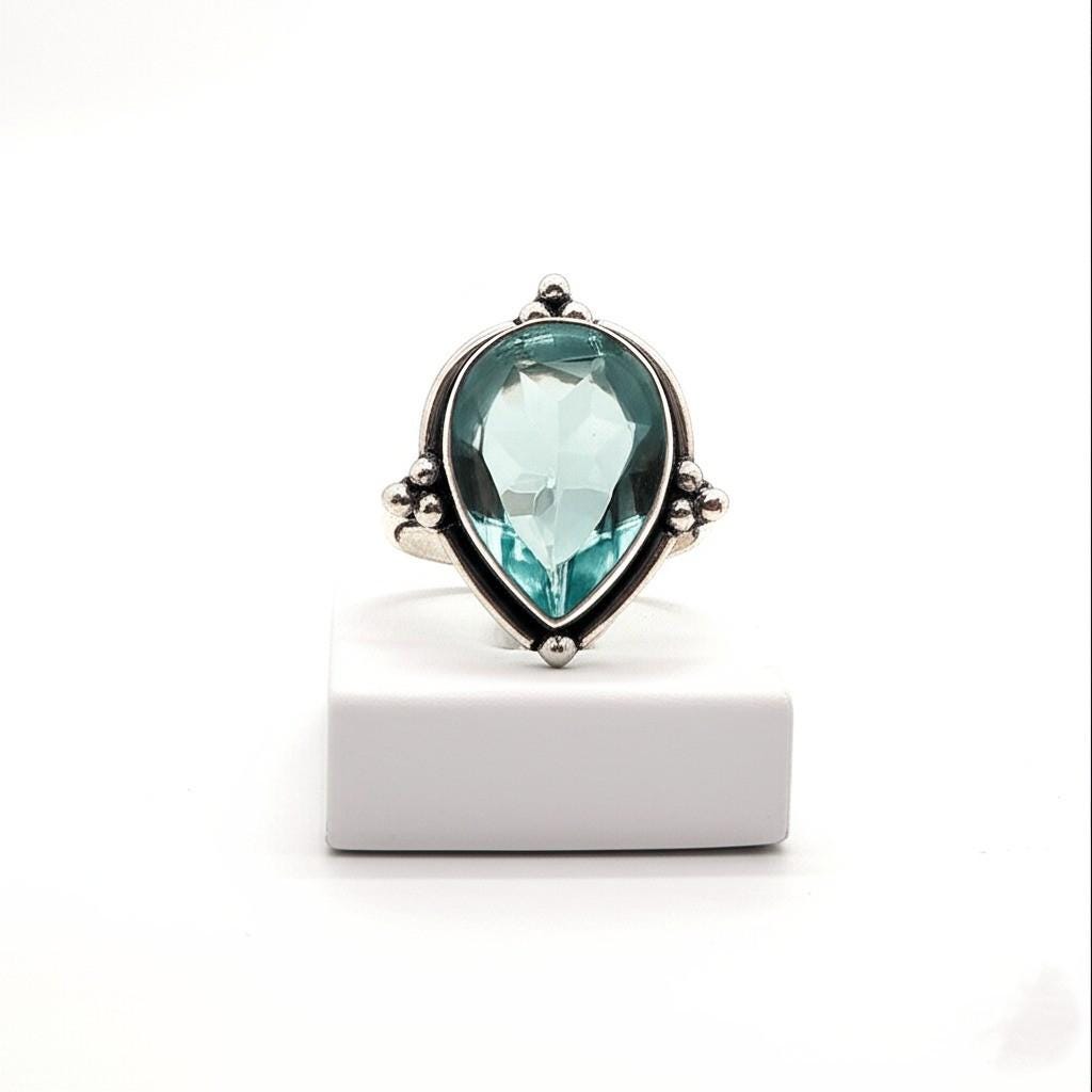 Handmade Aquamarine Ring for Women - Sterling Silver Teardrop Gemstone, Sterling Silver ring, Handmade Gift for Women, Clear stone Ring