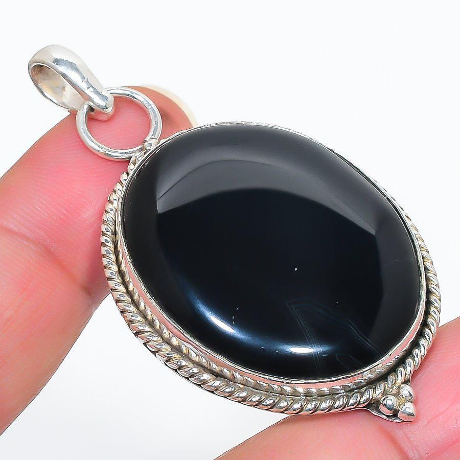 Black Onyx Pendant in Sterling Silver | Handmade Natural Gemstone Necklace | Oval Onyx Jewelry | Protective Healing Pendant | Gift for Her