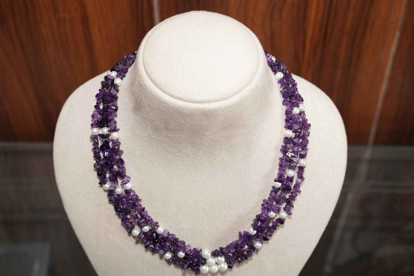 Amethyst and White Glass Pearl Multistrand Necklace – Handmade Beaded Gemstone Statement Necklace, Elegant Purple Jewelry Gift for Her