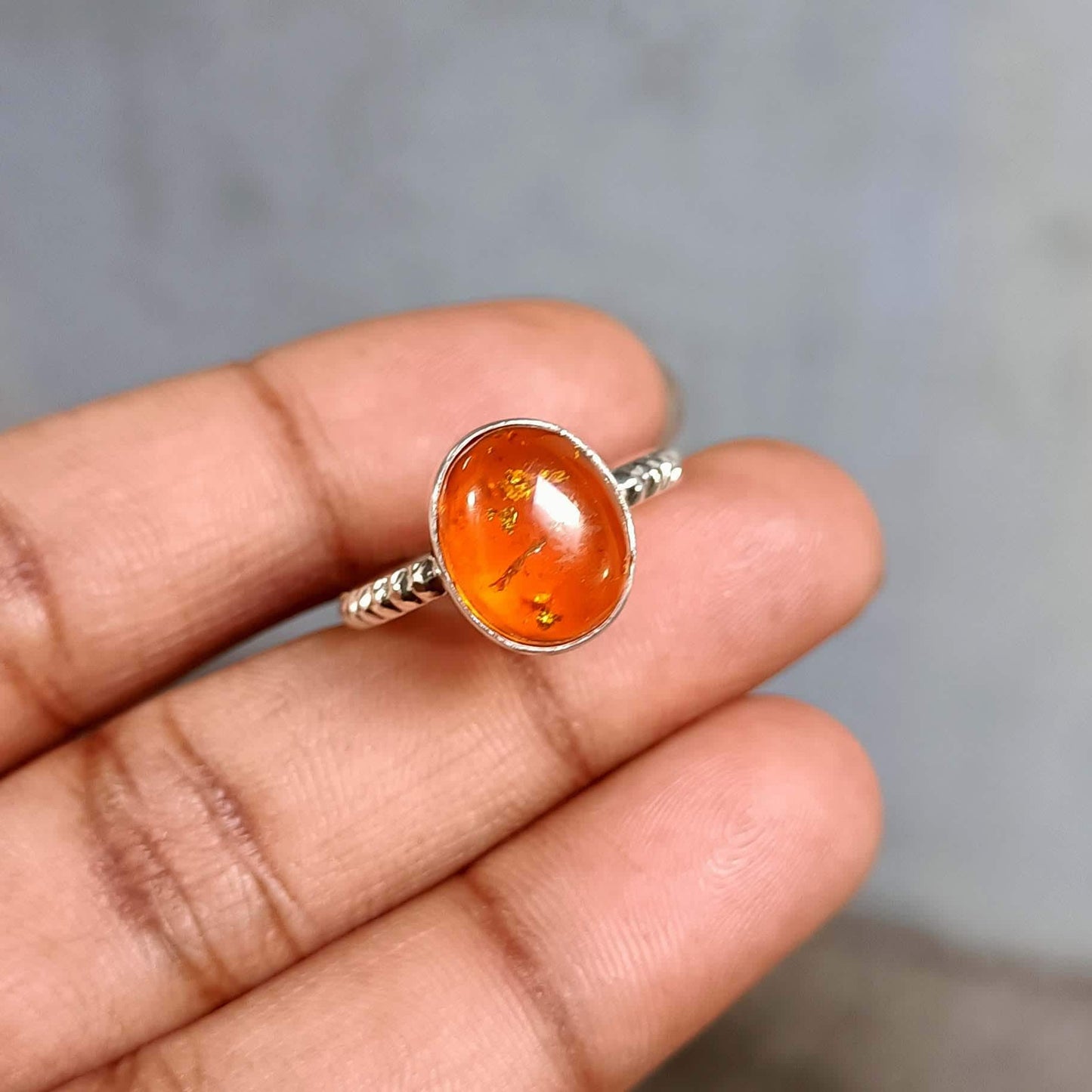 Natural Baltic Amber Sterling Silver Ring | Oval Cabochon with Inclusions | Handmade Boho Beaded Band | Gift for Her Anniversary Jewelry