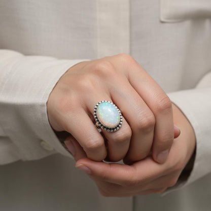 Natural Opal Sterling Silver Ring - Handmade Dainty Opal Gemstone Ring for Women | 925 Sterling Silver Ring- Unique Dainty Bezel Set Jewelry