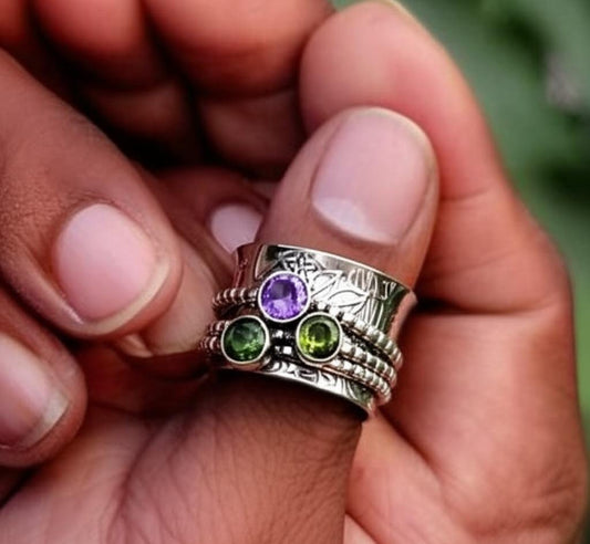 Sterling Silver Spinner Ring: Peridot, Amethyst, Botanical Band