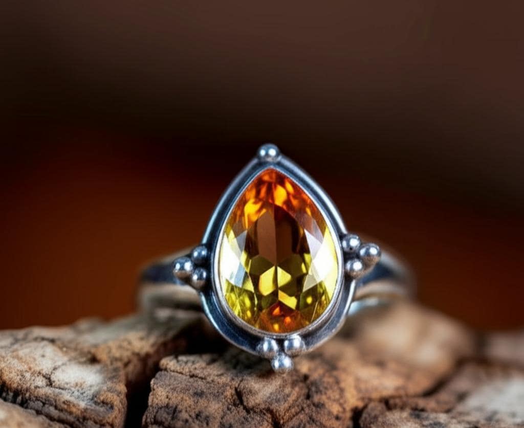 Delicate Citrine Ring in Sterling Silver - Handcrafted Gemstone Statement Ring