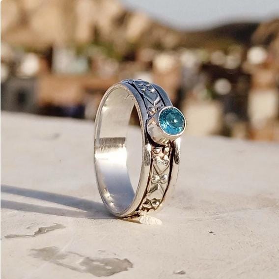 Blue Topaz Ring, Spinner Band Ring, 925 Starling Silver Ring, Worry Ring, Gemstone Ring, Natural Blue Topaz, Handmade Ring, Dainty Ring