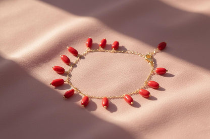 Red Coral Dangle Bracelet Gold Plated | Delicate Nugget Charm Chain | Mediterranean Minimalist Summer Jewelry | Ankle Bracelets Gift for her