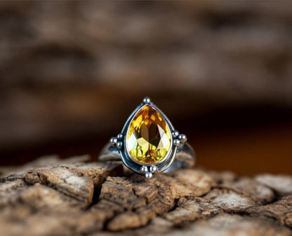 Delicate Citrine Ring in Sterling Silver - Handcrafted Gemstone Statement Ring