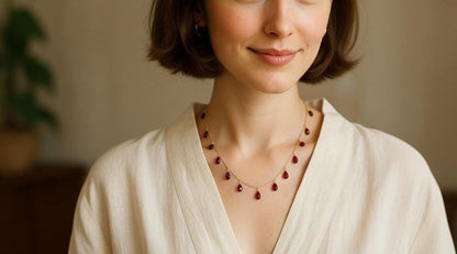 Garnet Drop Necklace Gold Plated | Handmade Gemstone Jewelry | Dainty Red Garnet Necklace | January Birthstone | Christmas Gift | Vintage