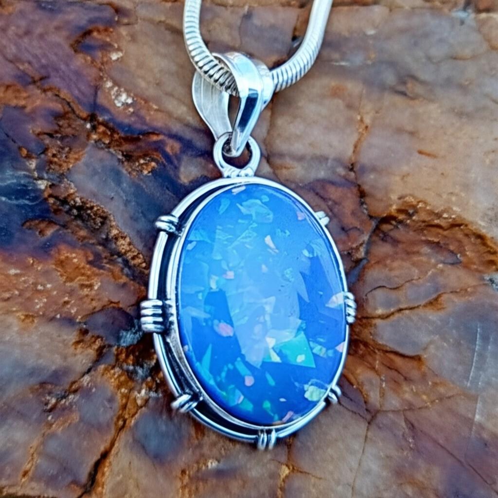 Mystic Blue Opal Pendant: Sterling Silver Bezel, Statement Necklace