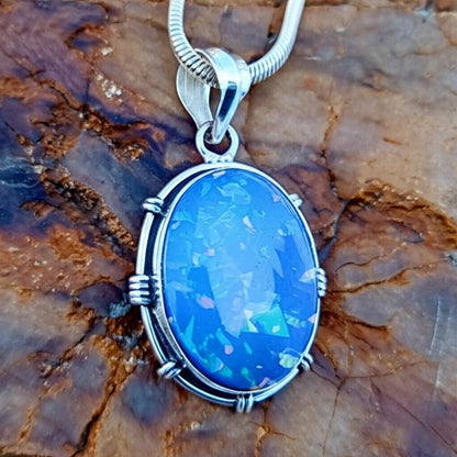 Mystic Blue Opal Pendant: Sterling Silver Bezel, Statement Necklace