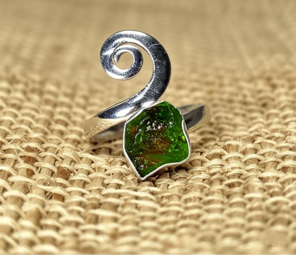 Moldavite Rough Ring, Natural Gemstone Ring,  925 Sterling Silver, Handmade Designer Jewelry, Gift, Stylish ring, Gift for her, Green stone