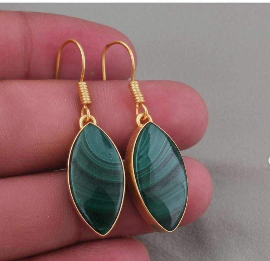14K Gold Malachite Earrings: Elegant Green Gemstone Dangle
