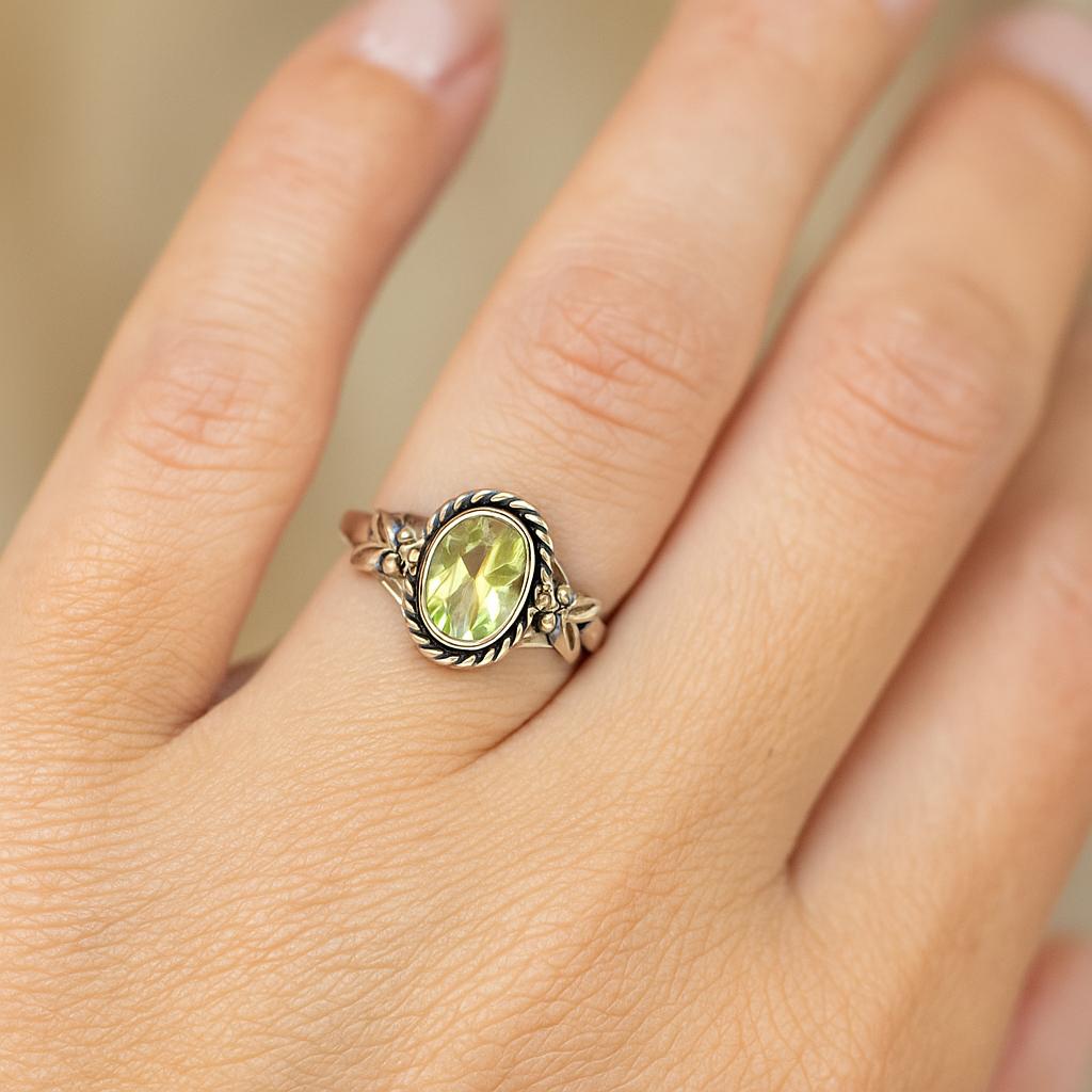 Peridot Ring Sterling Silver | August Birthstone Oval Gemstone Ring | Handmade Boho Jewelry Gift for Her