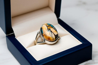 Natural Spiny Oyster and Turquoise Sterling Silver Ring- Unique Coastal Jewelry | Handmade Turquoise Ring, Oval Turquoise Ring, Gift for her