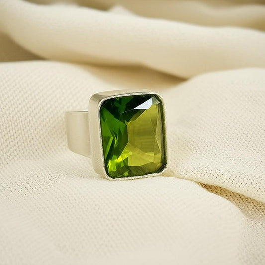 Men's Green Gemstone Ring | Rectangular Peridot Style Ring in Silver Band | Bold Statement Jewelry for Him | Modern Geometric Cut Ring |Gift
