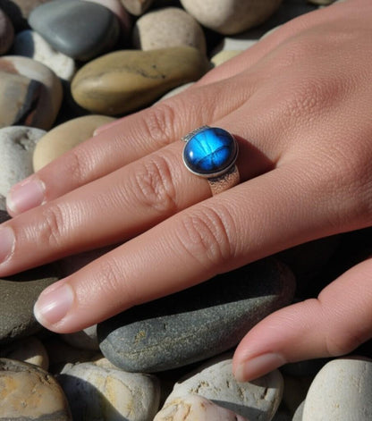 Blue Gemstone Ring | Sterling Silver Band with Engraved Pattern | Oval Cabochon Statement Ring | Handmade Artisan Jewelry | Gift for her