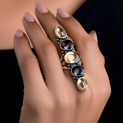 Statement Garnet Silver Ring, Unique Long Sterling Silver Cocktail Ring, Bohemian Gemstone Stack Ring, Handmade ring, Show Ring for her,