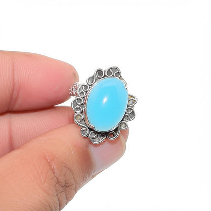 Filigree Silver Blue Chalcedony Ring: Boho Statement Jewelry
