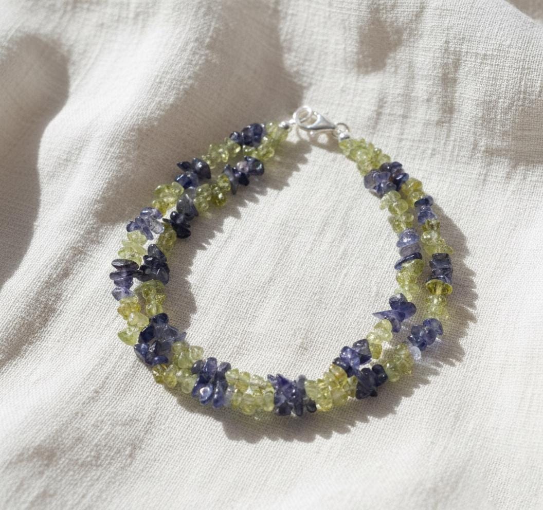 Peridot and Iolite Chip Bracelet | Double Strand Gemstone Bracelet | Green & Blue Natural Crystal Jewelry | Healing Stone Gift for Her