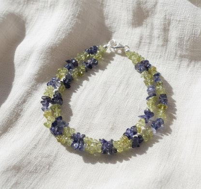 Peridot and Iolite Chip Bracelet | Double Strand Gemstone Bracelet | Green & Blue Natural Crystal Jewelry | Healing Stone Gift for Her