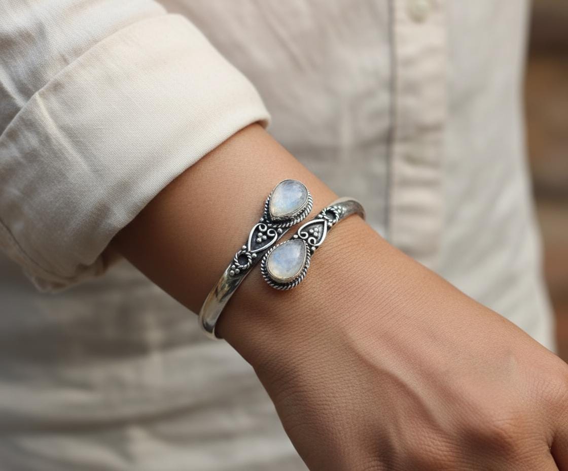 Handmade Silver Moonstone Bangle - Ornate Sterling Silver Cuff Bracelet | Bohemian Moonstone Teardrop Bangle - Artisanal Silver Gemstone