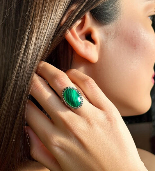 Handmade Malachite Ring | Sterling Silver Statement Ring | Oval Green Gemstone Jewelry | Boho Vintage-Inspired Ring | Gift for Her | Green