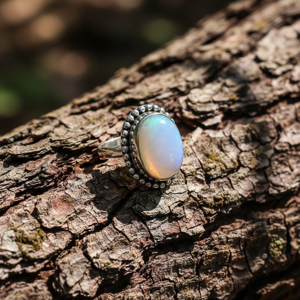 Natural Opal Sterling Silver Ring - Handmade Dainty Opal Gemstone Ring for Women | 925 Sterling Silver Ring- Unique Dainty Bezel Set Jewelry