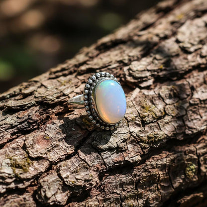 Natural Opal Sterling Silver Ring - Handmade Dainty Opal Gemstone Ring for Women | 925 Sterling Silver Ring- Unique Dainty Bezel Set Jewelry
