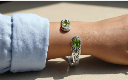 Handmade Silver Peridot Bangle - Ornate Sterling Silver Cuff | Artisanal Peridot Teardrop Bangle - Bohemian Silver Gemstone Bracelet