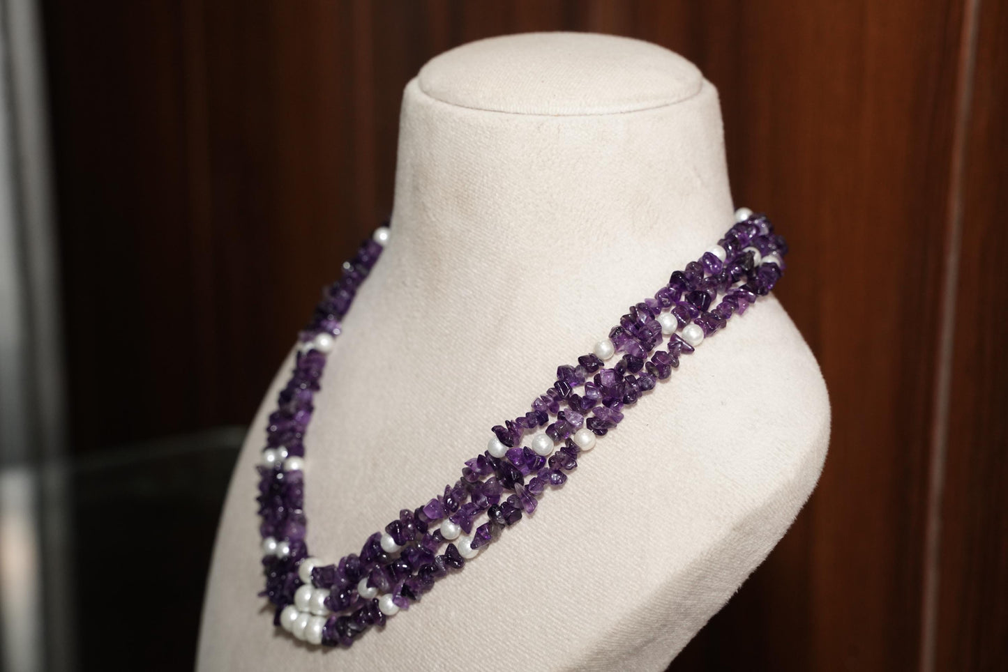 Amethyst and White Glass Pearl Multistrand Necklace – Handmade Beaded Gemstone Statement Necklace, Elegant Purple Jewelry Gift for Her